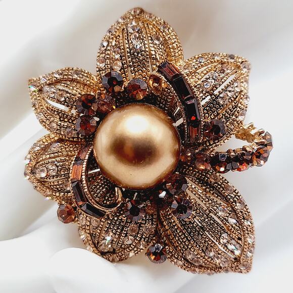 Vintage BJ Rhinestone Faux Pearl Flower Brooch or Pendant - 2 1/4 Inches - Picture 1 of 10